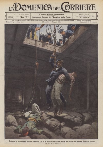 Heroísmo em um navio a vapor italiano, um capitão que cai em um porão infectado para salvar dois de Achille Beltrame