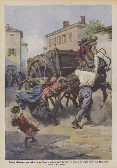 Azarado heroísmo, uma mãe com um bebê no pescoço corre em uma carruagem em movimento para salvar uma garotinha de Achille Beltrame