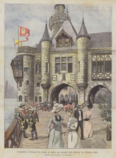Exposição Universal de Paris, a Porta San Michele, que leva à velha Paris de Achille Beltrame