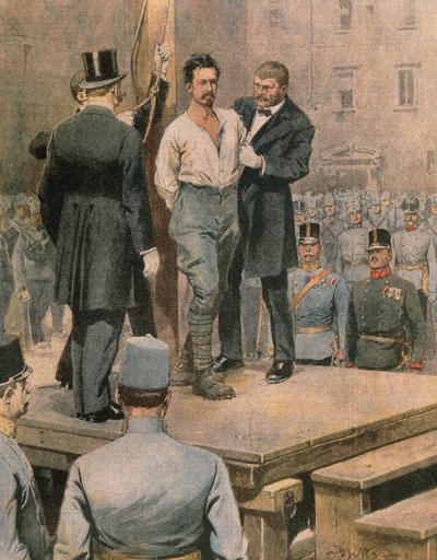 Execução de Cesare Battisti em Trento, de Achille Beltrame, ilustração, ilustrador Achille Beltrame (1871-1945), de La Domenica del Corriere, julho de 1916 de Achille Beltrame
