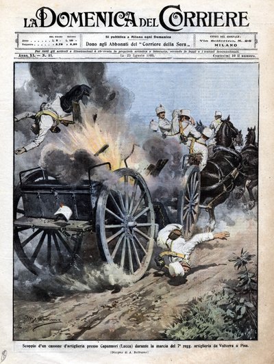 Explosão de uma caixa de artilharia perto de Capannori (Lucca) durante a transferência do 7º regimento de artilharia de Volterra para Pisa. Ilustração de Beltrame. "La Domenica del corriere". 15-23/08/1909. de Achille Beltrame