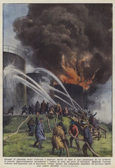 Chamas de quarenta metros da altura e enormes nuvens de fumaça que emana de um tanque de Achille Beltrame