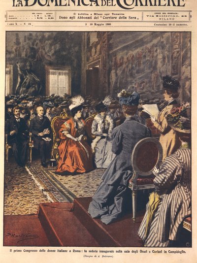 Primeiro congresso italiano feminino no Capitólio, Roma, ilustração de Achille Beltrame de La Domenica del Corriere, 3 de maio de Achille Beltrame