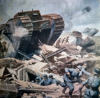 Primeira Guerra Mundial (1914-1918): "Assalto a tanques ingleses na Picardia" Ilustração de Achilles beltrame de La Domenica del Corriere 1916 de Achille Beltrame