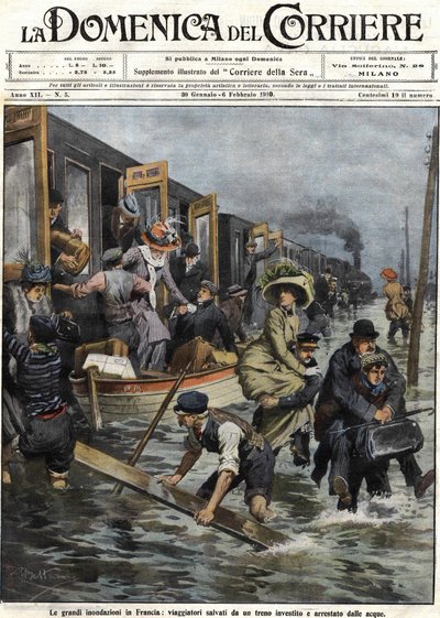 Inundações nos arredores de Paris em Janeiro de 1910 cobertura da "Domenica del corriere" de 6 de Fevereiro de Achille Beltrame