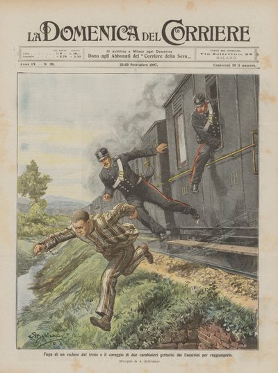 Escape de um prisioneiro do trem e a coragem de dois carabinieri jogados das janelas para alcançá-lo de Achille Beltrame