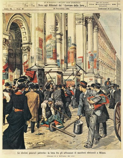 Eleições gerais em Milão: confrontos entre pessoas pendurando cartazes políticos em Milão, por Achille Beltrame (1871-1945), de La Domenica del Corriere de Achille Beltrame