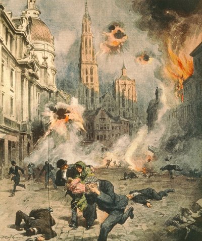 Alemães bombardeando e ocupando Antuérpia, Por Achille Beltrame (1871-1945), ilustração de La Domenica del Corriere de Achille Beltrame