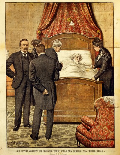 Giuseppe Verdi (1813-1901) morrendo, ilustração de Achille Beltrame (1871-1945). Itália, século XX. de Achille Beltrame