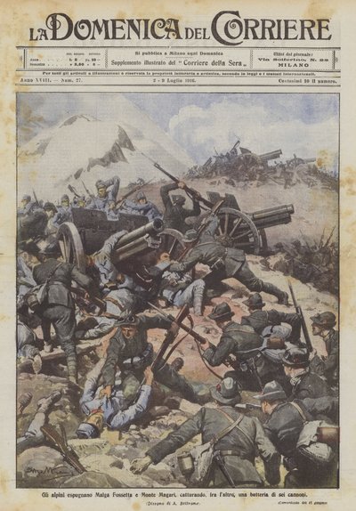 Os Alpini conquistam Malga Fossetta e Monte Magari, capturando, entre outras coisas, uma bateria de seis canhões de Achille Beltrame