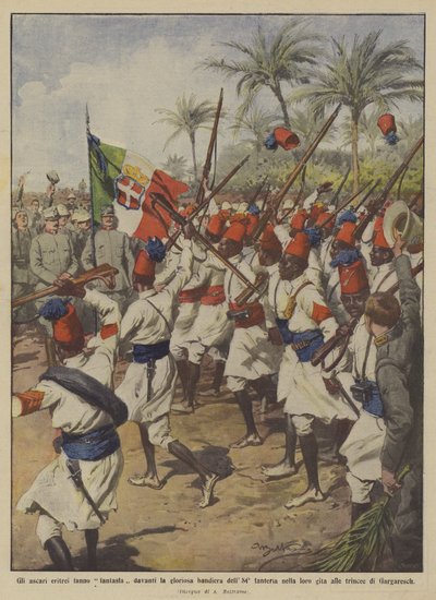 Os ascarios eritreus fazem um fantasma em frente à bandeira gloriosa da 84ª infantería na viagem deles - delas de Achille Beltrame