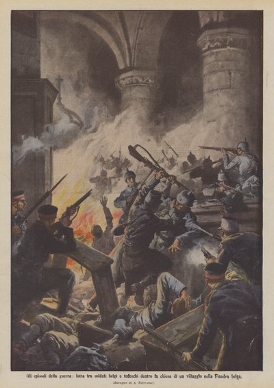 Episódios da guerra, luta entre soldados belgas e alemães dentro de uma igreja da vila na Flandres belga de Achille Beltrame