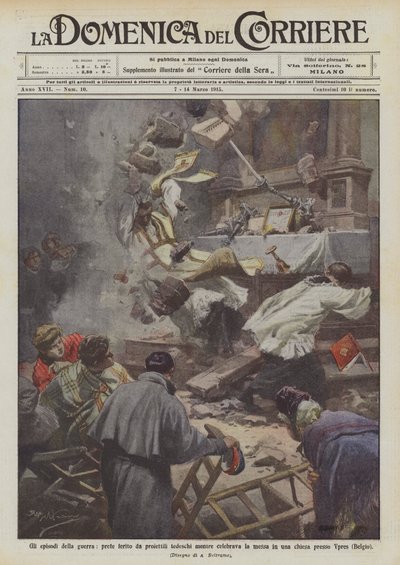 Os episódios da guerra, padre ferido por balas alemãs enquanto comemorava a missa em um de Achille Beltrame