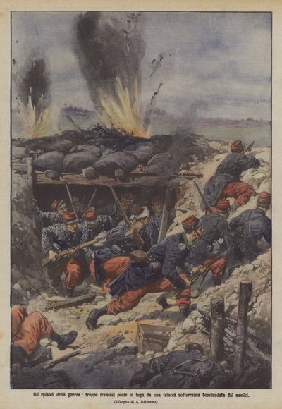 Os episódios da guerra, tropas francesas que fogem de uma trincheira do Softerranean bombardeada por inimigos de Achille Beltrame