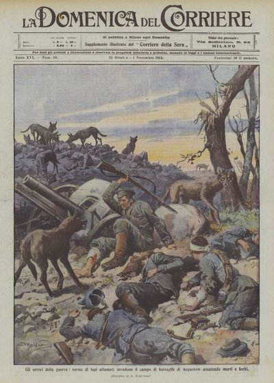 Os horrores da guerra, hordas de lobos famintos invadem o campo de batalha de Augustow atacando mortos e feridos de Achille Beltrame