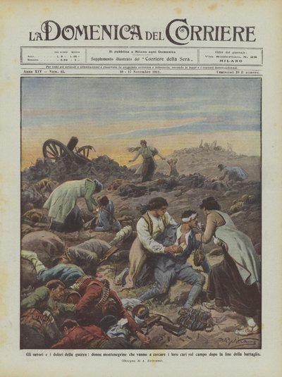 Os horrores e as dores da guerra, mulheres montenegrinas que vão procurar seus entes queridos no campo de Achille Beltrame