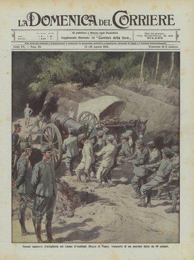 Grandes manobras de artilharia no Campi dAnnibale (Rocca di Papa), transporte de uma argamassa feita por 60 soldados de Achille Beltrame