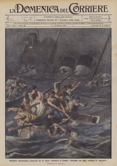 Grande transatlântico cortado por um mineiro de carvão para o Canadá e afundado com muitos de Achille Beltrame