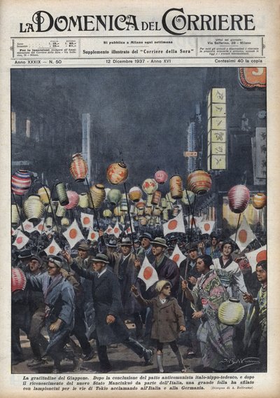 Grande profanação dos residentes de Tóquio para prestar homenagem à Itália e Alemanha após o reconhecimento do novo estado de Manchukuo (Manchukuo ou Manzhouguo) Ilustração de Achille Beltrame em "La domenica del corriere" de 12/12/1937 de Achille Beltrame