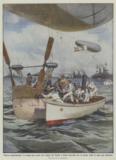 Guerra muito moderna, nossas naves aéreas na jornada de Trípoli para Zuara ancoram pela primeira vez de Achille Beltrame