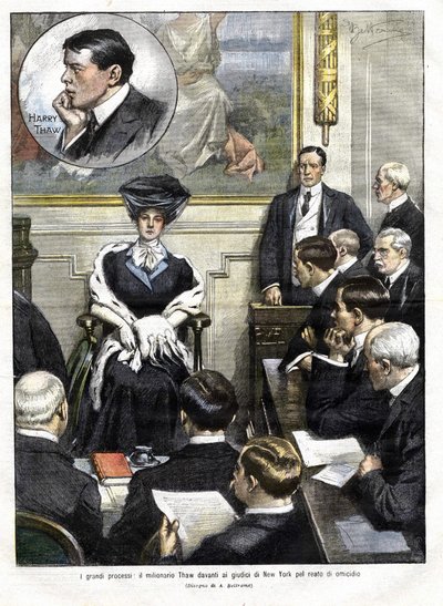 O julgamento de Harry Thaw em Nova Iorque, em 1907. Harry Thaw filho de uma família de industriais grossistas, massacrou em 1906 o arquitecto Stanford White, ex-amante da sua esposa Evelyn. capa da domenica del corriere de 3 de Março de 1907 ilustração de  de Achille Beltrame