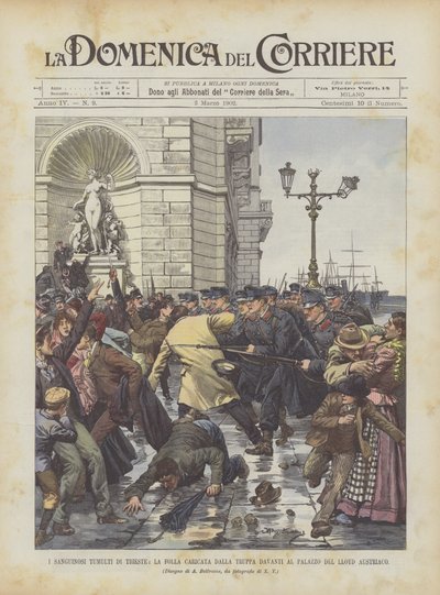 Os tumultos sangrentos de Trieste, a multidão carregada pelas tropas em frente ao palácio do austríaco Lloyd de Achille Beltrame