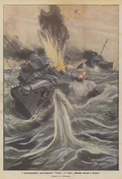Os destróieres austro-húngaros Triglav e Lika afundaram na frente de Durres de Achille Beltrame