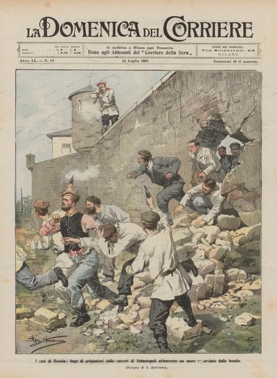 Os casos da Rússia, fuga de prisioneiros das cadeias de Sevastopol através de uma parede rasgada por bombas de Achille Beltrame