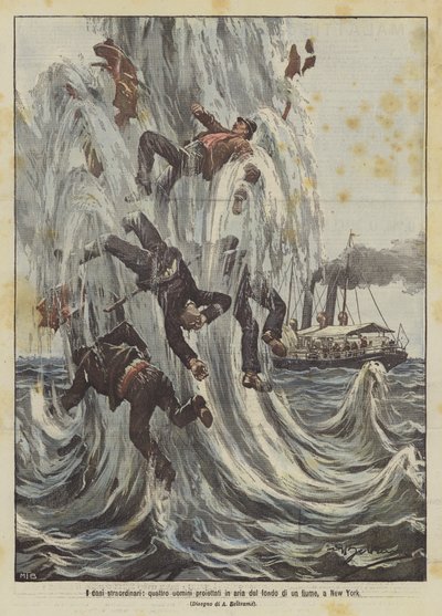 Os casos extraordinários, quatro homens projetados no ar a partir do fundo de um rio, em Nova York de Achille Beltrame