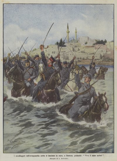 Cavaleiros da vanguarda sérvia lançam-se ao mar, em Durres, gritando: Viva o mar de Achille Beltrame
