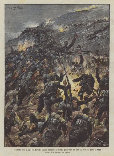 Os condenados à morte, um ataque noturno furioso de soldados japoneses em um dos fortes de Porto Arturo de Achille Beltrame