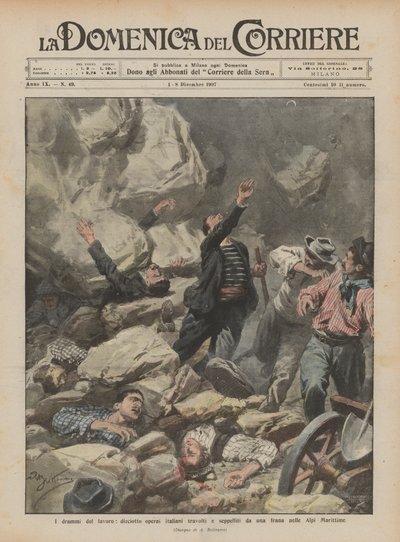 Os dramas do trabalho, dez trabalhadores italianos esmagados e enterrados por um deslizamento de terra nos Alpes Marítimos de Achille Beltrame
