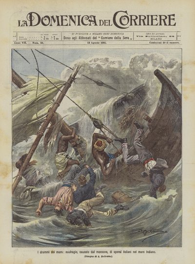 Os dramas do mar, naufrágio causado pelas monções de trabalhadores italianos no mar da Índia de Achille Beltrame