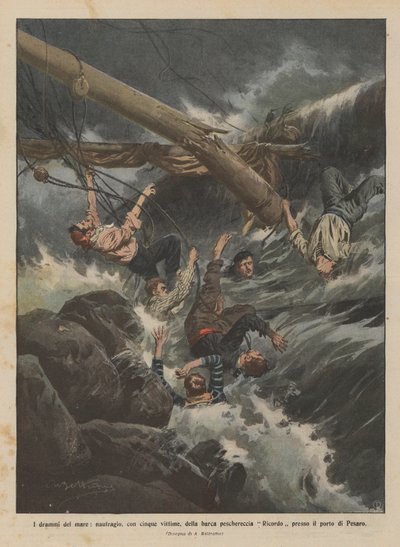 Os dramas do mar, naufrágio, com cinco vítimas, do barco pesqueiro de que me lembro no porto de Pesaro de Achille Beltrame