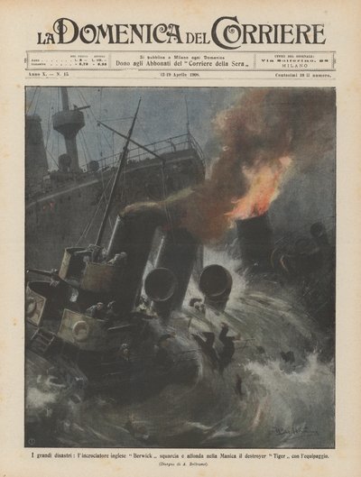 Os grandes desastres, o cruzador Inglês Berwick rasga e afunda no Canal o destruidor de Achille Beltrame