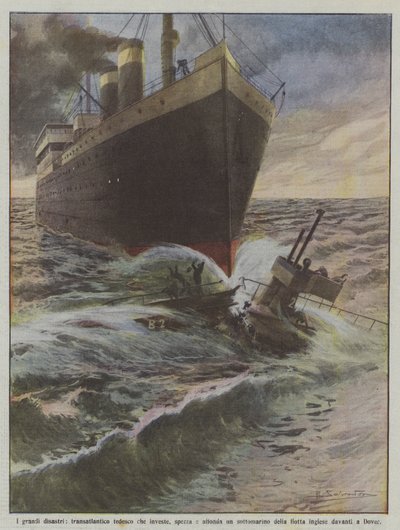 Os grandes desastres, transatlântico alemão que investe, quebra e afunda um submarino de Achille Beltrame