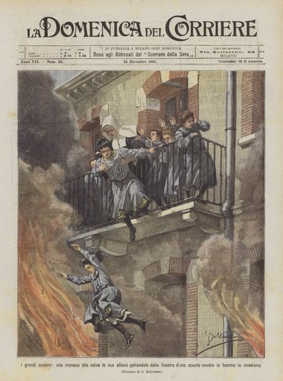 O grande heroísmo, uma freira que salva seus alunos jogando-os para fora da janela da escola de Achille Beltrame
