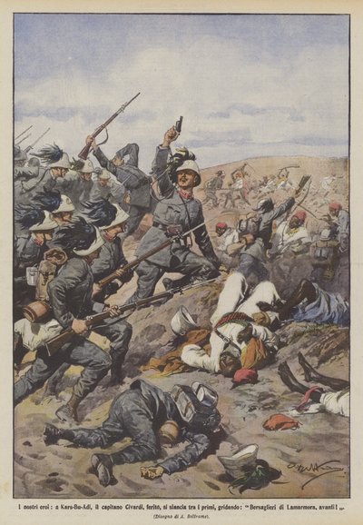 Nossos heróis, em Kars-Bu-Adi, o capitão Civardi, feridos, correm entre os primeiros, gritando de Achille Beltrame