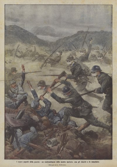Os novos aspectos da guerra, um contra-ataque da nossa infantaria, com capacetes e máscaras de Achille Beltrame