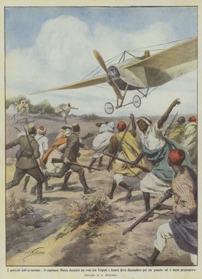 Os perigos da aviação, capitão Moizo durante um vôo entre Trípoli e Zuara deve descer de Achille Beltrame