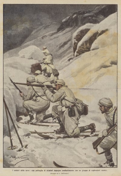 Soldados da neve, uma patrulha de esquiadores em combate com um grupo de exploradores inimigos de Achille Beltrame