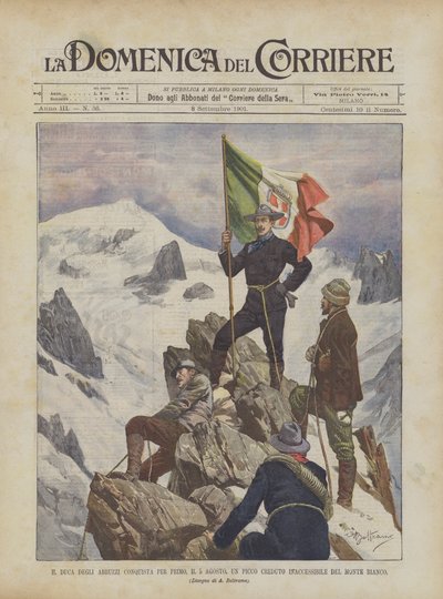 O duque de Abruzzi conquista primeiro, no dia 5 de agosto, um pico que se acredita inacessível ao Mont Blanc de Achille Beltrame