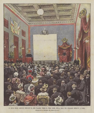 O duque de Abruzzi descreve sua jornada rumo ao Pólo Norte, na Sala Del Collegio Romano, em Roma de Achille Beltrame