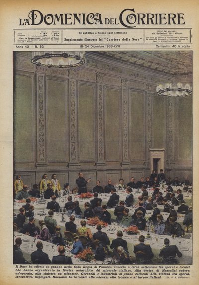 O Duce ofereceu um almoço na Sala Regia do Palazzo Venezia para cerca de setecentos trabalhadores de Achille Beltrame