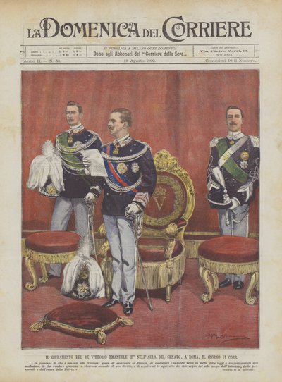 O juramento do rei Vittorio Emanuele III ° No Senado, em Roma, o 11º dia Corr de Achille Beltrame