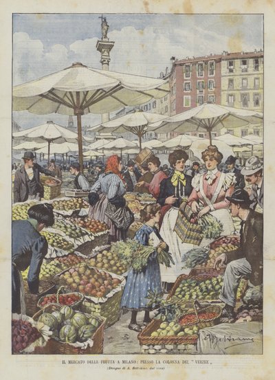 O mercado de frutas em Milão, em La Colonna Del Verzee de Achille Beltrame