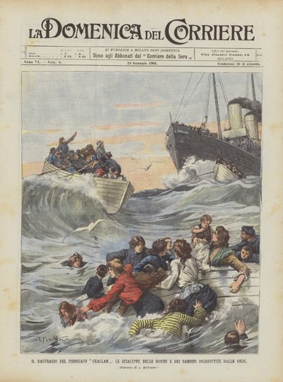 O naufrágio do navio Ckallam, os botes salva-vidas de mulheres e crianças tragadas pelas ondas de Achille Beltrame