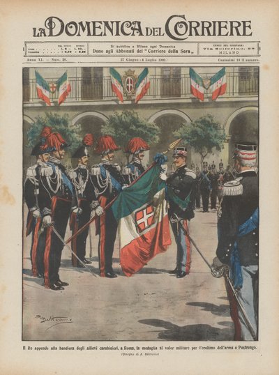 O rei pendura a medalha de valor militar para a bandeira dos estudantes Carabinieri em Roma de Achille Beltrame