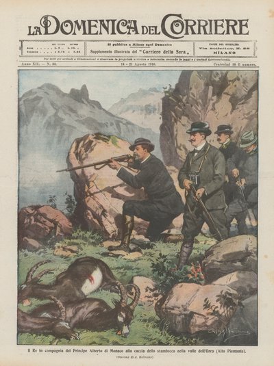 O rei na companhia do príncipe Albert de Mônaco em busca do íbex no vale do Orco (Alto Piemonte) de Achille Beltrame