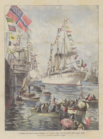 O retorno dos soberanos da Sardenha, o Savoy no ato de navegar das águas de Squa de Achille Beltrame